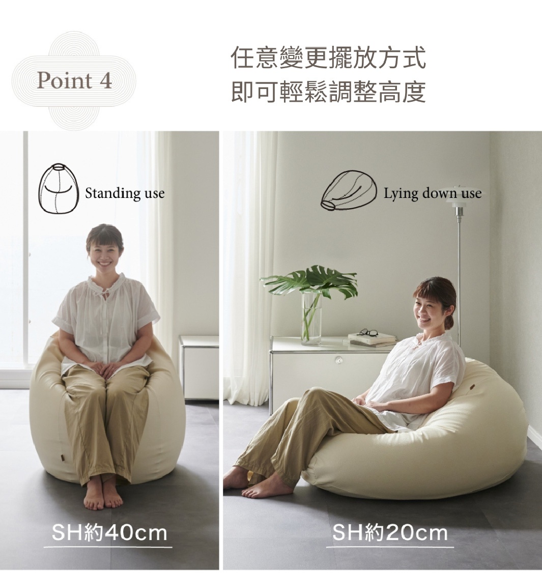 兩張圖片展示了同一款米白色皮革材質的懶骨頭沙發，分別呈現立姿（坐高約40公分）和臥姿（坐高約20公分）的使用情境，兩者皆有女性坐於其中。