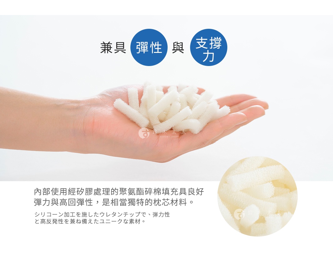兼具彈性與支撐力


內部使用經矽膠處理的聚氨酯碎棉填充，具良好彈力與高回彈性，
是相當獨特的枕芯材料。

シリコーン加工を施したウレタンチップで、弾力性と高反発性を兼ね備えたユニークな素材。
