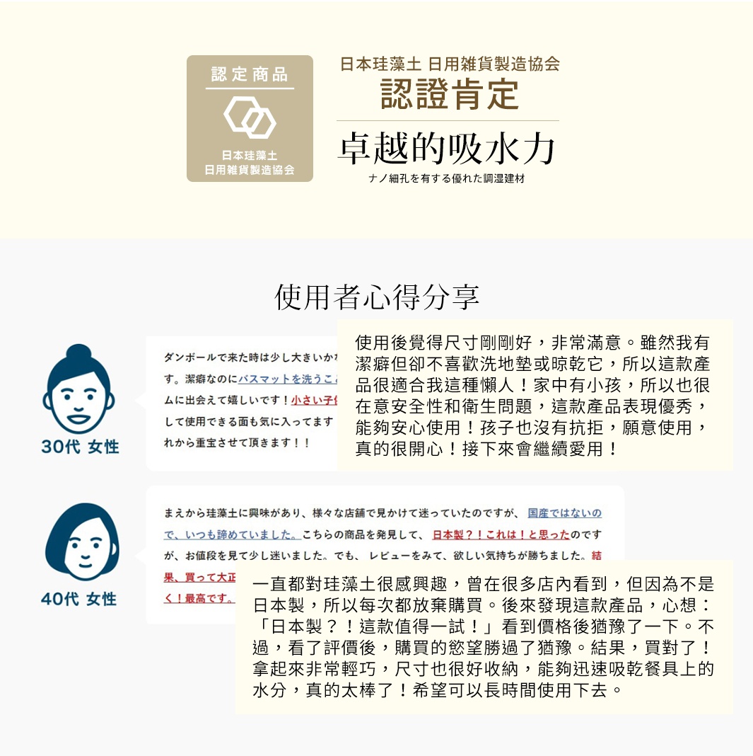UB珪藻土瞬間吸水地墊，主體為淺米色，質地類似陶土，表面有細緻顆粒紋理，可吸收水分，共有五款設計。
