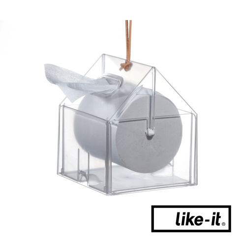 透明壓克力製成的小屋形狀衛生紙盒，內裝一捲灰色衛生紙，頂部有皮革掛繩。