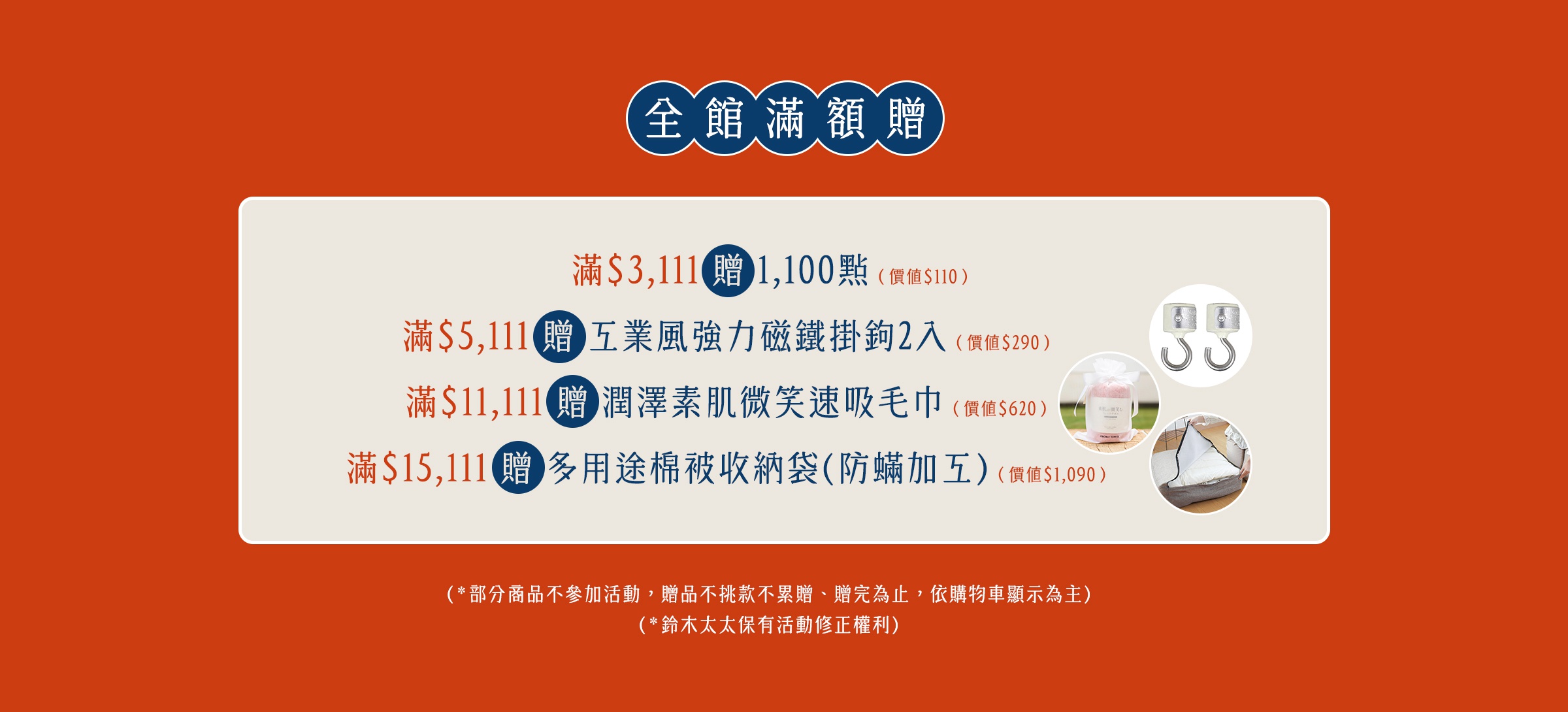 圖片文字：全館滿額贈，滿 3111 贈 1100 點價值 110，滿 5111 贈工業風強力磁鐵掛鉤 2 入價值 290，滿 11111 贈潤澤素肌微笑速吸毛巾價值 620，滿 15111 贈多用途棉被收納袋防蟎加互價值 1090，部分商品不參加活動，贈品不挑款不累贈，贈完為止，依購物車顯示為主，鈴木太太保有活動修正權利