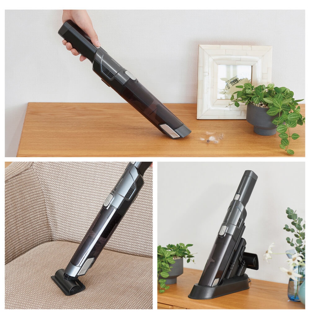 深灰色和銀色攜帶式充電吸塵器，配有透明集塵筒，展示其在木製桌面、沙發和充電座上的使用情況。