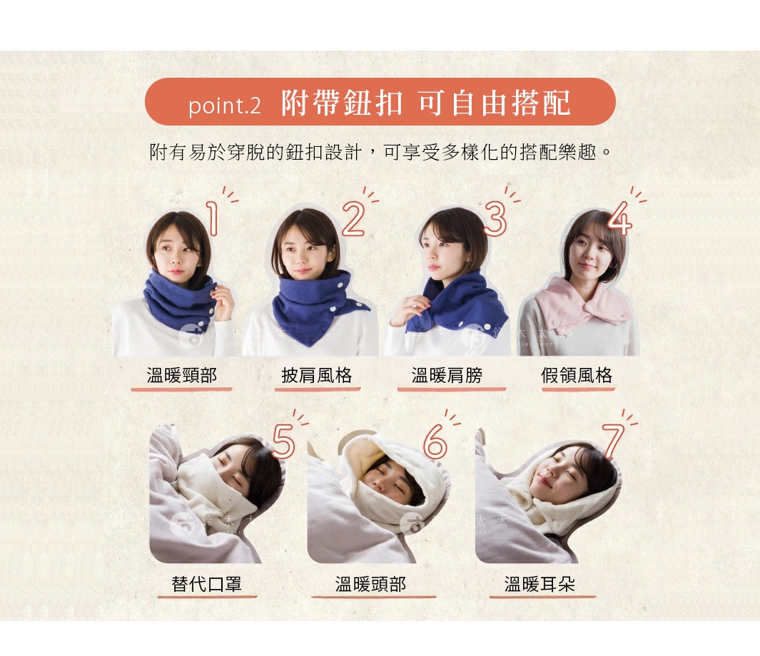 圖片文字：point.2 附帶鈕扣 可自由搭配 附有易於穿脫的鈕扣設計，可享受多樣化的搭配樂趣。 1. 溫暖頸部 2. 披肩風格 3. 溫暖肩膀 4. 假領風格 5. 替代口罩 6. 溫暖頸部 7. 溫暖耳朵