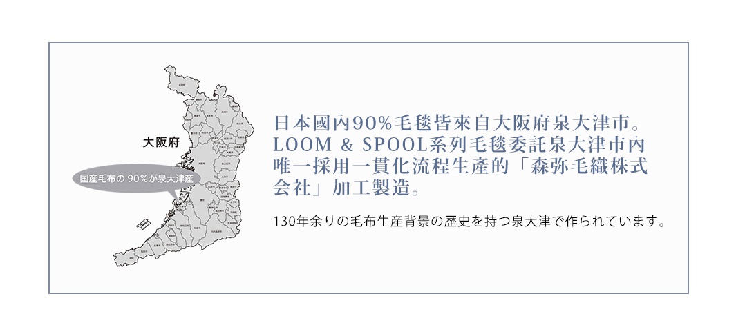 日本國內90%毛毯皆來自大阪府泉大津市。
LOOM & SPOOL系列毛毯委託泉大津市內唯一採用
一貫化流程生產的「森弥毛織株式会社」加工製造。

130年余りの毛布生産背景の歴史を持つ泉大津で作られています。
