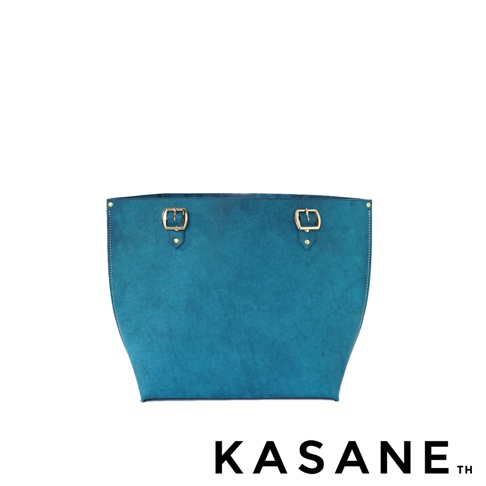 北海道KASANE品牌義大利Margot皮革托特包，藍綠色，帶有金色扣環裝飾