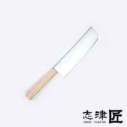 Yuri Nakiri 菜切刀，刀刃為銀色不銹鋼材質，刀柄為淺木色，整體風格簡潔。