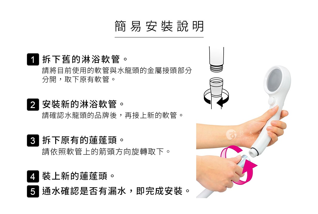 圖片文字：簡易安裝說明 1 拆下舊的淋浴軟管。請將目前使用的軟管與水龍頭的金屬接頭部分分開，取下原有軟管。 2 安裝新的淋浴軟管。請確認水龍頭的品牌後，再接上新的軟管。 3 拆下原有的蓮蓬頭。請依照軟管上的箭頭方向旋轉取下。 4 裝上新的蓮蓬頭。 5 通水確認是否有漏水，即完成安裝。