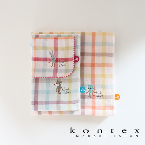 KONTEX DUO 馬德拉斯格紋系列毛巾，左側疊放一條小毛巾，右側為大毛巾，兩者皆有彩色格紋圖案，上面分別有可愛動物刺繡，下方為品牌 logo。