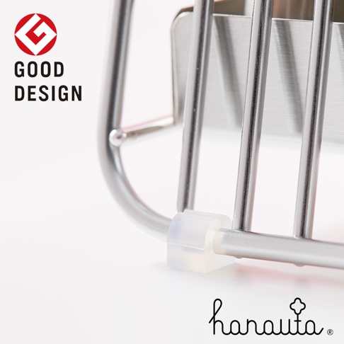 銀色不鏽鋼材質的筷籠，帶有透明固定件，左上角有「GOOD DESIGN」標誌。