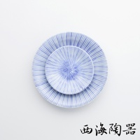 兩個波佐見燒十草紋點心碟，一個較大，一個較小，疊放於白色背景上。兩個碟子都飾有藍色細線條紋，由中心向外輻射。