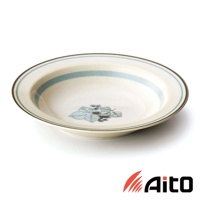 Anyware 美濃燒復古主食盤，米白色盤身，內側有藍色條紋與葉紋圖案，盤緣飾有細緻的棕色線條。