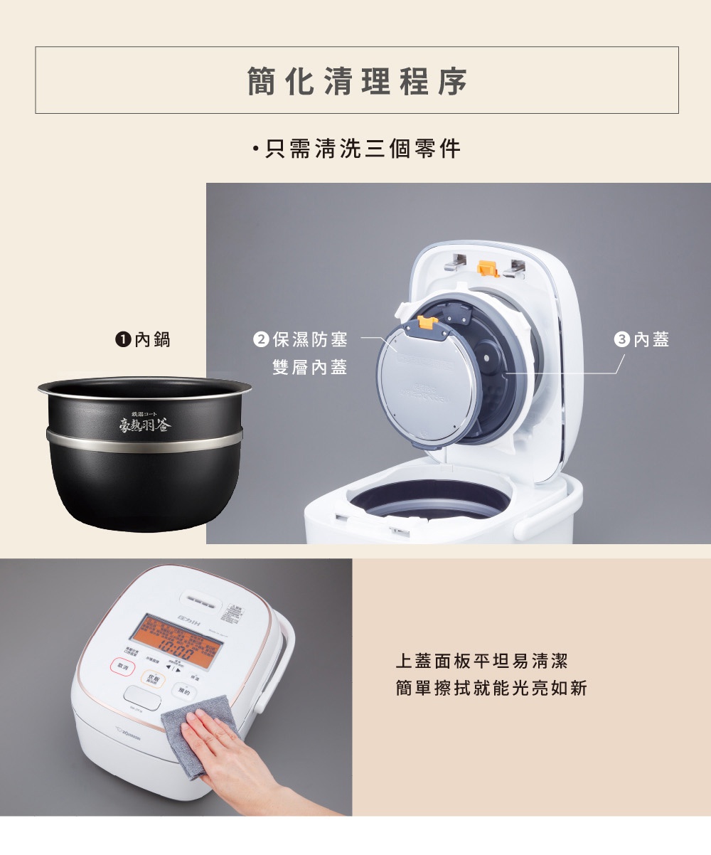鐵器豪熱羽釜壓力IH電子鍋，展示內鍋、保溫防塞雙層內蓋、內蓋，以及一部白色電子鍋的面板正在被擦拭。