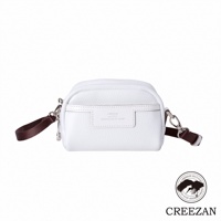 JETTER 迷你側背包 CJTH-040，白色荔枝紋皮革材質，帶有品牌壓印的白色皮革標籤，配有深棕色織帶提把及可拆卸的銀色金屬扣環。