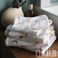 一疊印有彩虹、月亮和星星圖案的白色紗布方巾，置於木質桌面，背景有白色陶瓷花瓶和一瓶化妝水。