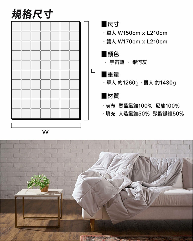 太空科技調溫被，雙人尺寸，銀河灰，表布為聚酯纖維100%與尼龍100%，填充物為人造纖維50%與聚酯纖維50%。被子鋪陳在沙發上，呈現柔軟蓬鬆的質感。