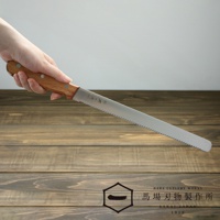 一只手握持著一把不鏽鋼鋸齒麵包刀，刀柄為木質，刀刃為銀色不鏽鋼。