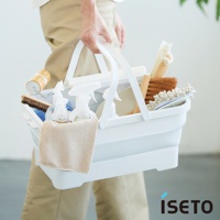 白色可伸縮提籃，裝有清潔用品，包括噴瓶、刷子、滾筒和抹布。