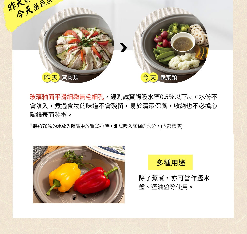 深灰色陶土蒸盤，內有蒸熟的肉類及蔬菜，蒸盤質地平滑細緻。