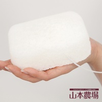 白色的蒟蒻QQ海綿，質地蓬鬆，呈圓柱形，一條細繩從側面伸出，被一隻手托住。