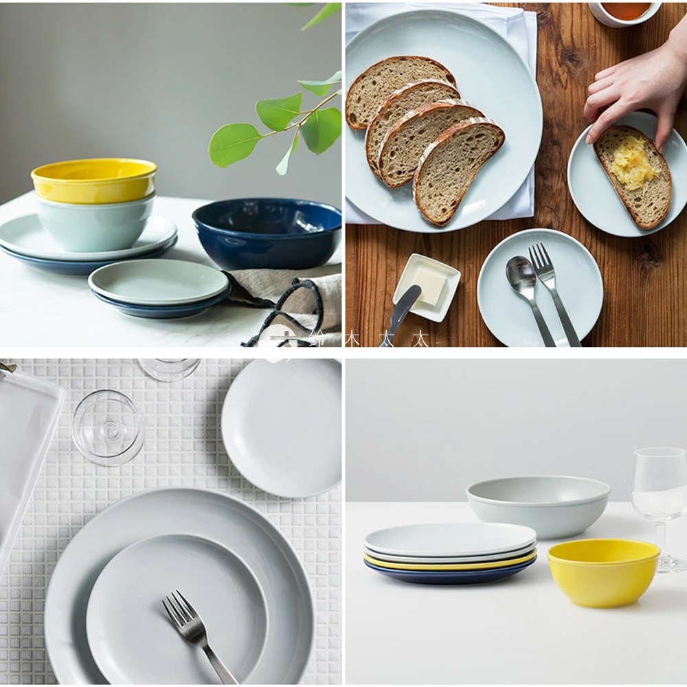 波佐見燒 Common 陶瓷料理盤，共四色，包含藍色、淺藍色、黃色及白色。圖片展示了不同尺寸的碗盤堆疊，部分盤中盛有切片麵包，另有刀叉餐具。