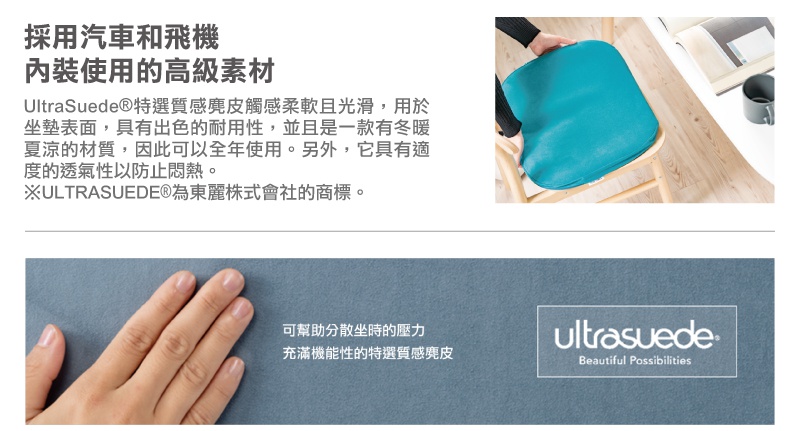THE OWL進階款坐墊，採用質感柔軟滑順的UltraSuede®材質，呈現亮眼的藍綠色，適合四季使用，透氣性佳。