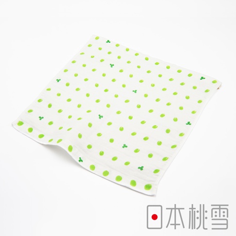 白色紗布方巾，印有綠色圓點和三葉草小圖案，材質柔軟，適合嬰幼兒使用。