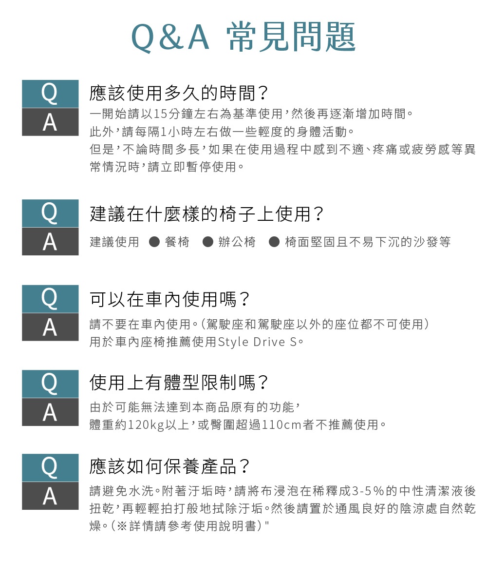PREMIUM 舒適豪華調整椅，有兩種顏色可選。此為常見問題頁面，包含椅子使用時間、適用椅型、車內使用限制、體型限制及保養方法等說明。