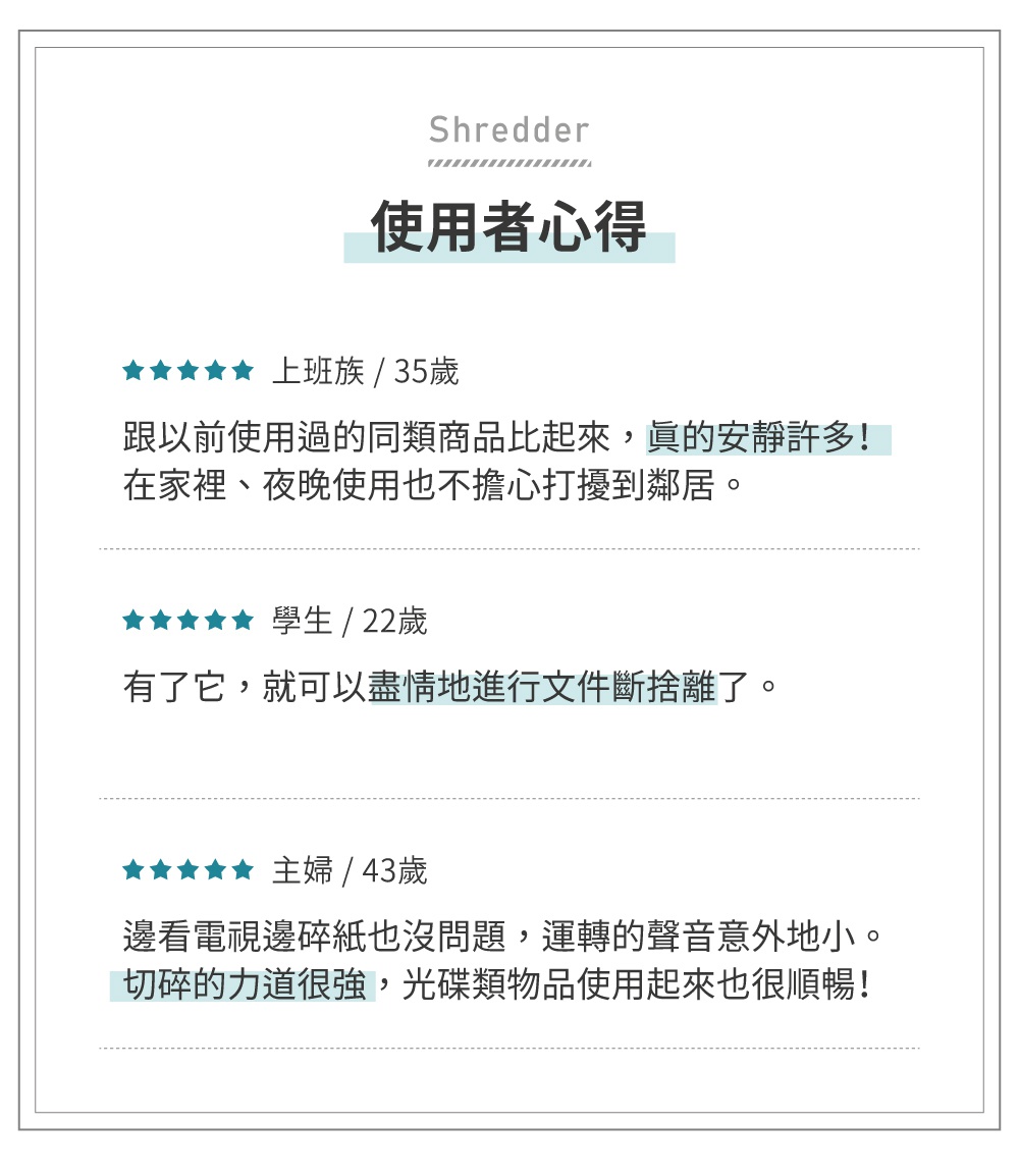 白色碎紙機，上方有「Shredder」字樣及裝飾線條，下方為「使用者心得」標題，接著是三段不同使用者（上班族、學生、主婦）的評價內容。