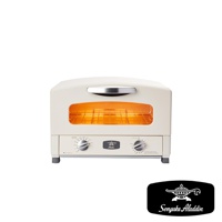 米白色復古多用途烤箱，配有銀色提把和玻璃門。內部烤網發出橘色暖光，正面有兩個旋鈕，標有溫度和時間設定，中央印有阿拉丁神燈標誌。