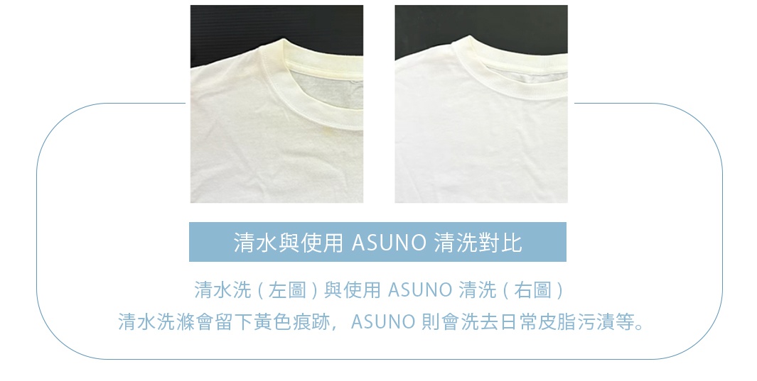 清水與使用 ASUNO 清洗對比

清水洗 (左圖) 與使用 ASUNO 清洗 (右圖) 
清水洗滌會留下黃色痕跡，ASUNO 則會洗去日常皮脂污漬等。
