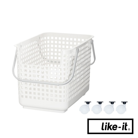 like-it 輕鬆組附輪洗衣置物籃-M 內部網格設計，附有四個白色滑輪和提把，右下角有 like-it 品牌標誌