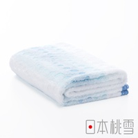 今治水泡泡浴巾，淺藍色漸層，織有圓形紋樣，材質柔軟，質感細緻。