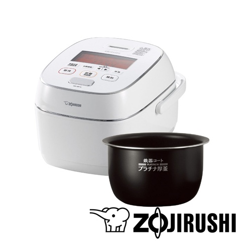 象印牌鐵器塗層白金厚釜壓力IH電子鍋(NW-JBF10)，白色機身搭配黑色內鍋，內鍋上印有日文說明。