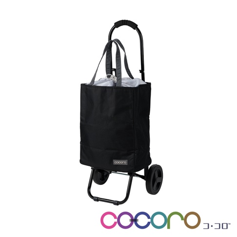 黑色2WAY手提收納折疊推車，有黑色布質主袋及灰色提把，搭配黑色金屬車架與輪子。