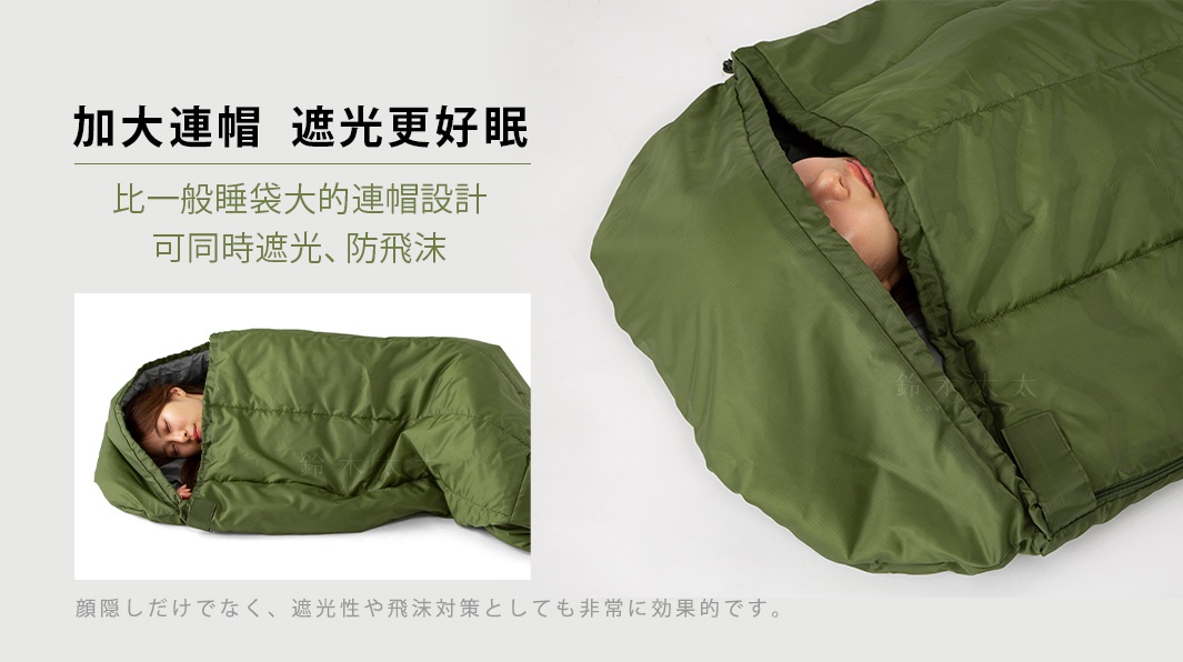 一件軍綠色、附連帽的兩用睡袋，內部可見一位女性入睡。睡袋表面有縫線填充，材質為尼龍。