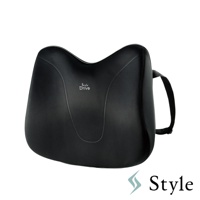 黑色汽車用靠腰椅，網狀織物材質，中央有「Style Drive」字樣，椅背一側有黑色綁帶。