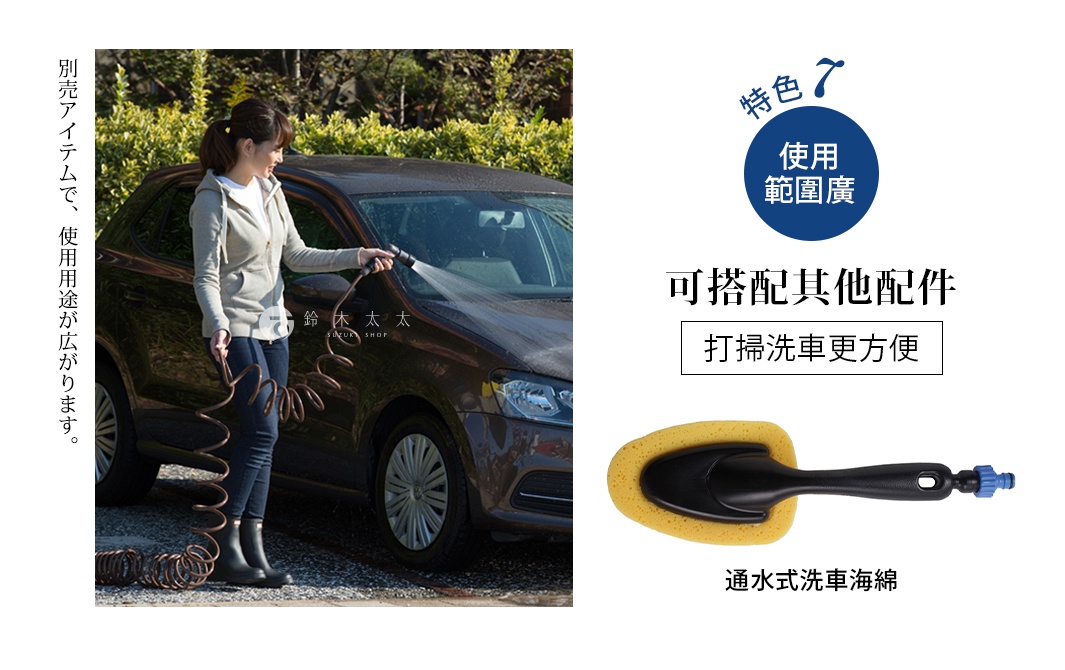 一位女性站在車旁，手持螺旋狀的棕色水管，正在用水沖洗汽車。旁邊的圖片展示了一個黃色海綿洗車刷。