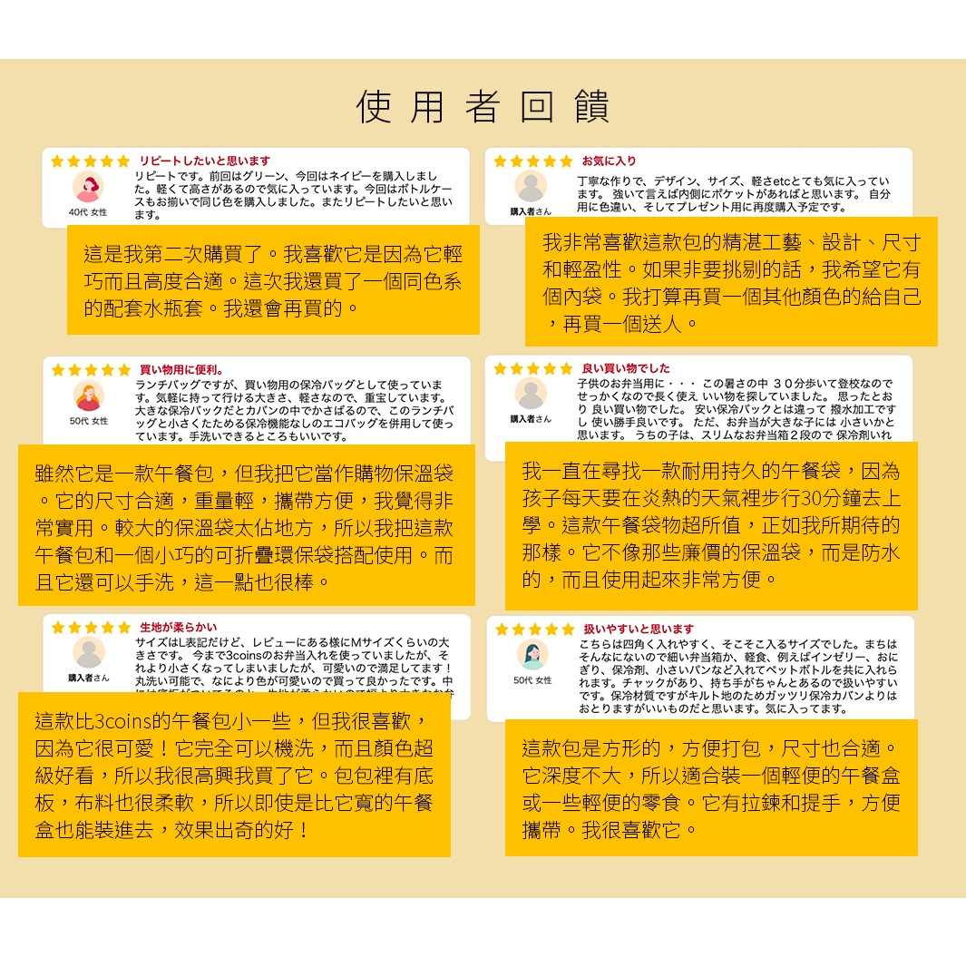 圖片文字：使用者回饋，包含六則關於保冷托特包的評價。用戶回饋提到商品輕巧、尺寸合適且方便攜帶，適合日常購物或學生裝載午餐盒使用，評價內容涵蓋對外觀設計、防水機能、清洗便利性及收納空間的正面肯定。