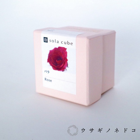 粉紅色立方體包裝盒，貼有「sola cube」品牌標籤，標籤上印有一朵深紅色的玫瑰花和日文「バラ」及英文「Rose」字樣。