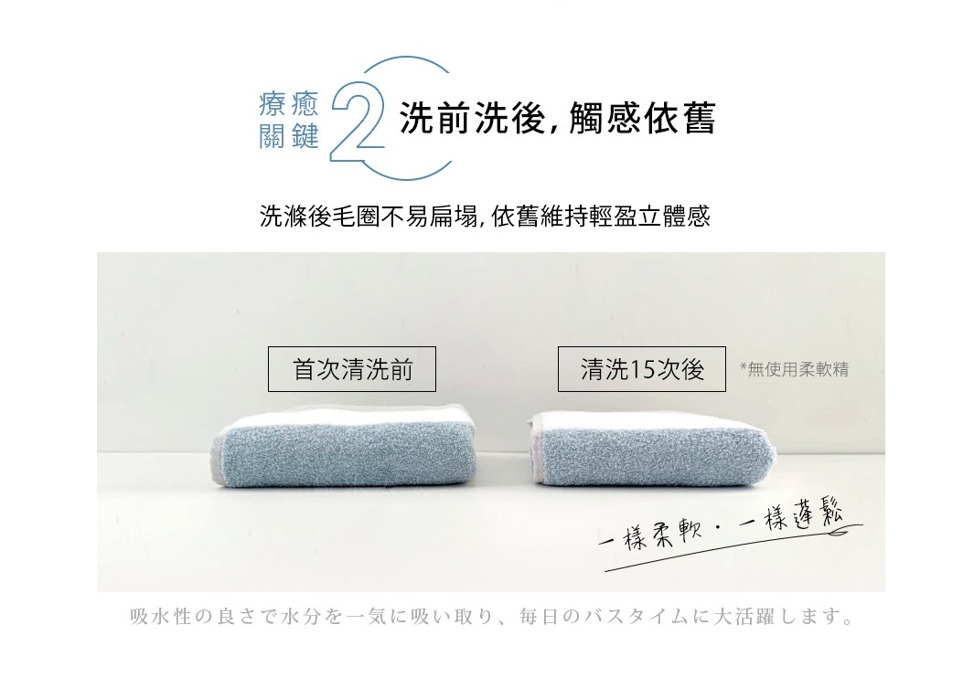 兩條 GREIGE 今治混色柔棉毛巾，一條顯示「首次清潔前」，另一條顯示「清潔 15 次後」，兩條毛巾皆為淺藍灰色混色，材質看起來蓬鬆柔軟。