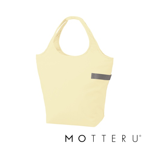 淺黃色的大容量摺疊保冷托特袋，簡約設計，附有灰色織帶標誌，材質輕便耐用。