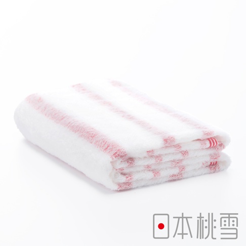 今治輕柔橫條浴巾，白色基底搭配紅色橫條紋，材質觸感輕柔，質地蓬鬆，呈現簡約舒適的風格。