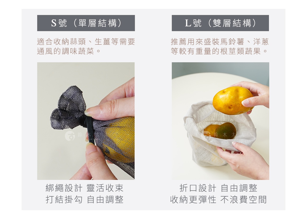 兩張圖片展示了兩種不同尺寸的蚊帳布蔬果收納袋，左圖為 S 號的灰色網狀收納袋，展示了其繩結設計，右圖為 L 號的淺米色網狀收納袋，展示了其折口設計，袋中裝有橘黃色水果。