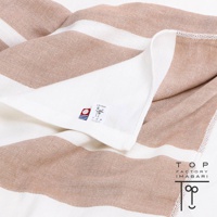 今治四層紗枕套，米白色與淺棕色條紋，材質為純棉。