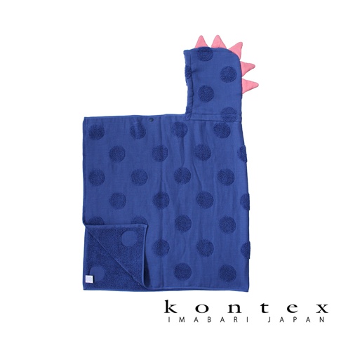 今治純棉藍色連帽浴巾，帶有深藍色圓點圖案，帽子上有粉紅色恐龍尖角裝飾。