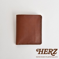 HERZ 職人手作皮革二折式薄型卡片鈔票夾，咖啡色皮革，縫線細節，日本製造。