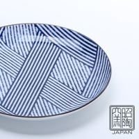 藍染縞格子七吋圓盤，盤面呈現交織的藍色細線條紋理，風格簡約，邊緣有細緻的棕色滾邊。