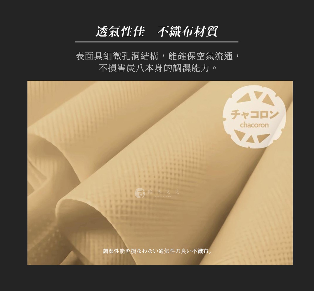 圖片文字：透氣性佳 不織布材質 表面具細微孔洞結構，能確保空氣流通，不損害炭八本身的調濕能力。 チャコロン chacoron 調濕性能を損なわない通気性の良い不織布。