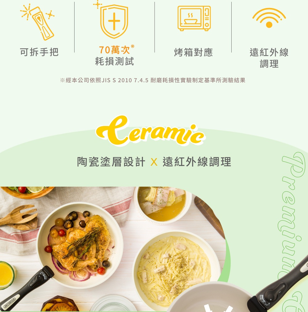 露歐頓IH不沾鍋具10件組，展示陶瓷塗層設計與遠紅外線調理，鍋具為淺色系，搭配黑色可拆卸把手，呈現多道精緻料理。