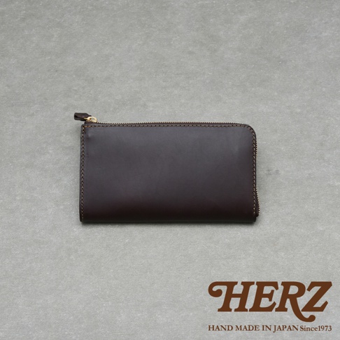 HERZ 品牌深棕色皮革拉鍊長夾，手工縫製，日本製造
